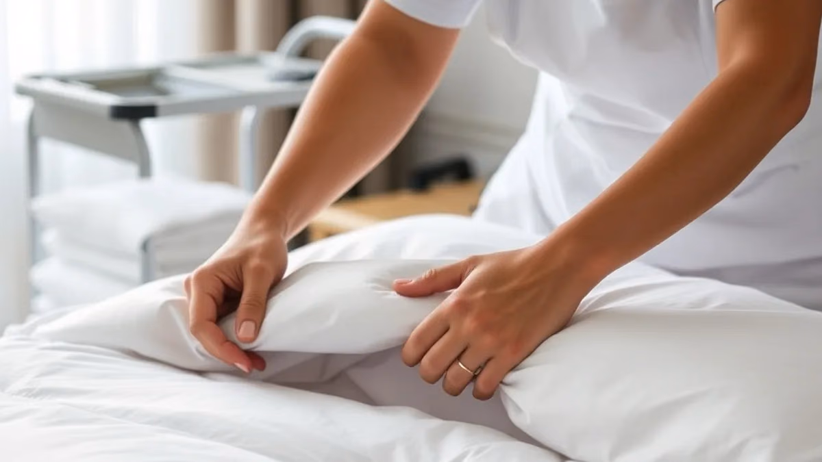 Otel nevresim gramajı geçirme kolaylığını etkilerken kat hizmetleri arabasında katlanmış beyaz nevresimler
