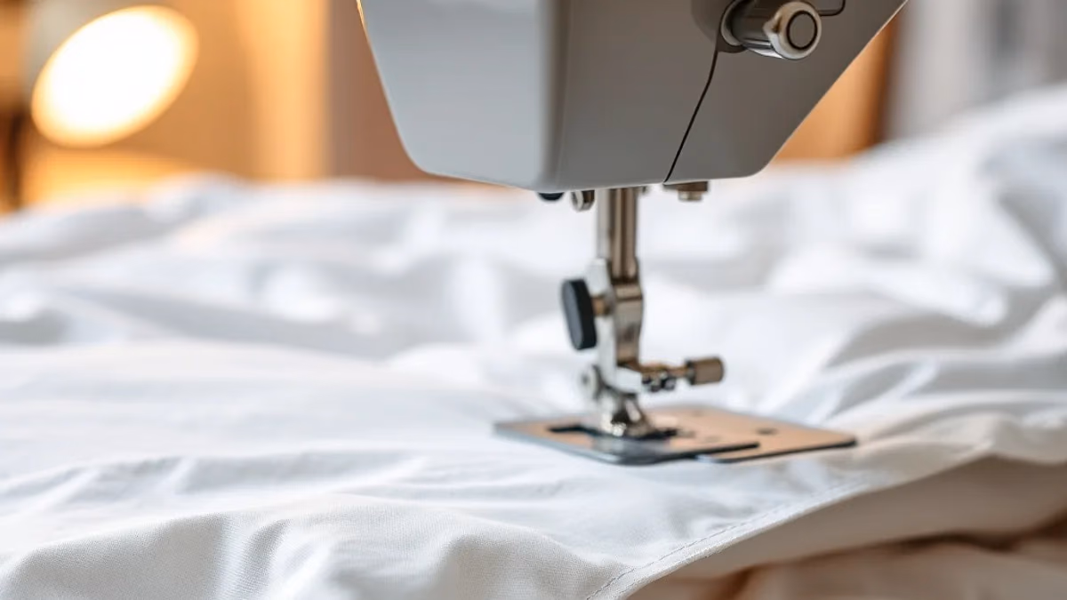 Beyaz nevresim kenarını diken dikiş makinesi iğnesi, fermuar ve düğme detaylarıyla otel nevresim takımı fiyatları