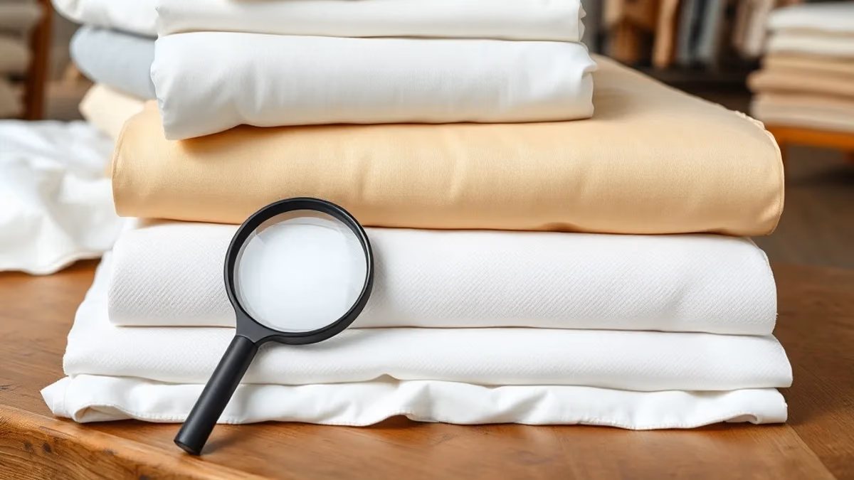 Otel nevresim takımı fiyatlarını etkileyen pamuklu ve saten kumaş topları ile büyüteçle incelenen kumaş numuneleri