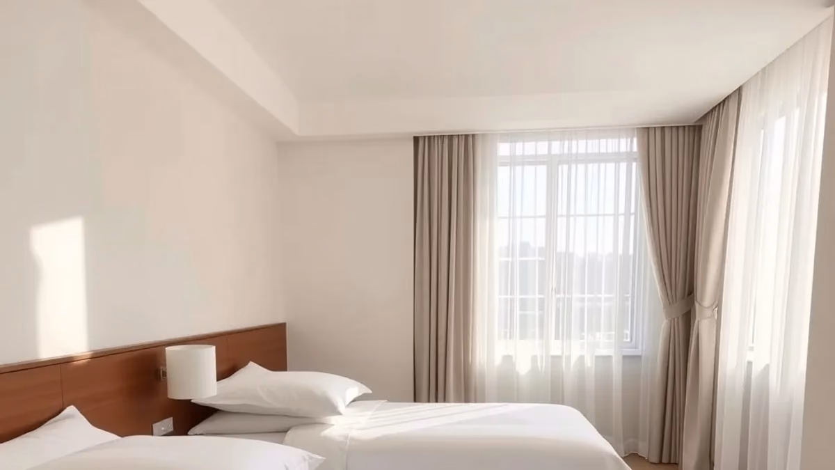 Otel yatak yapımı standardını yansıtan, aynı düzende hazırlanmış iki tek kişilik yatak ve beyaz nevresim takımı